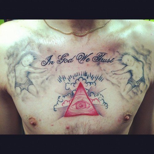Red Illuminati Eye Tattoo On Man Chest
